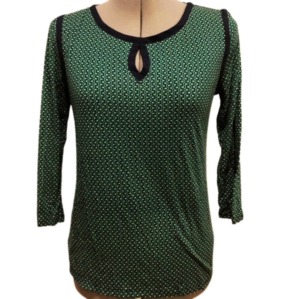 Ann Taylor Green and Navy Geometric Print Top, Keyhole Neckline, Size M